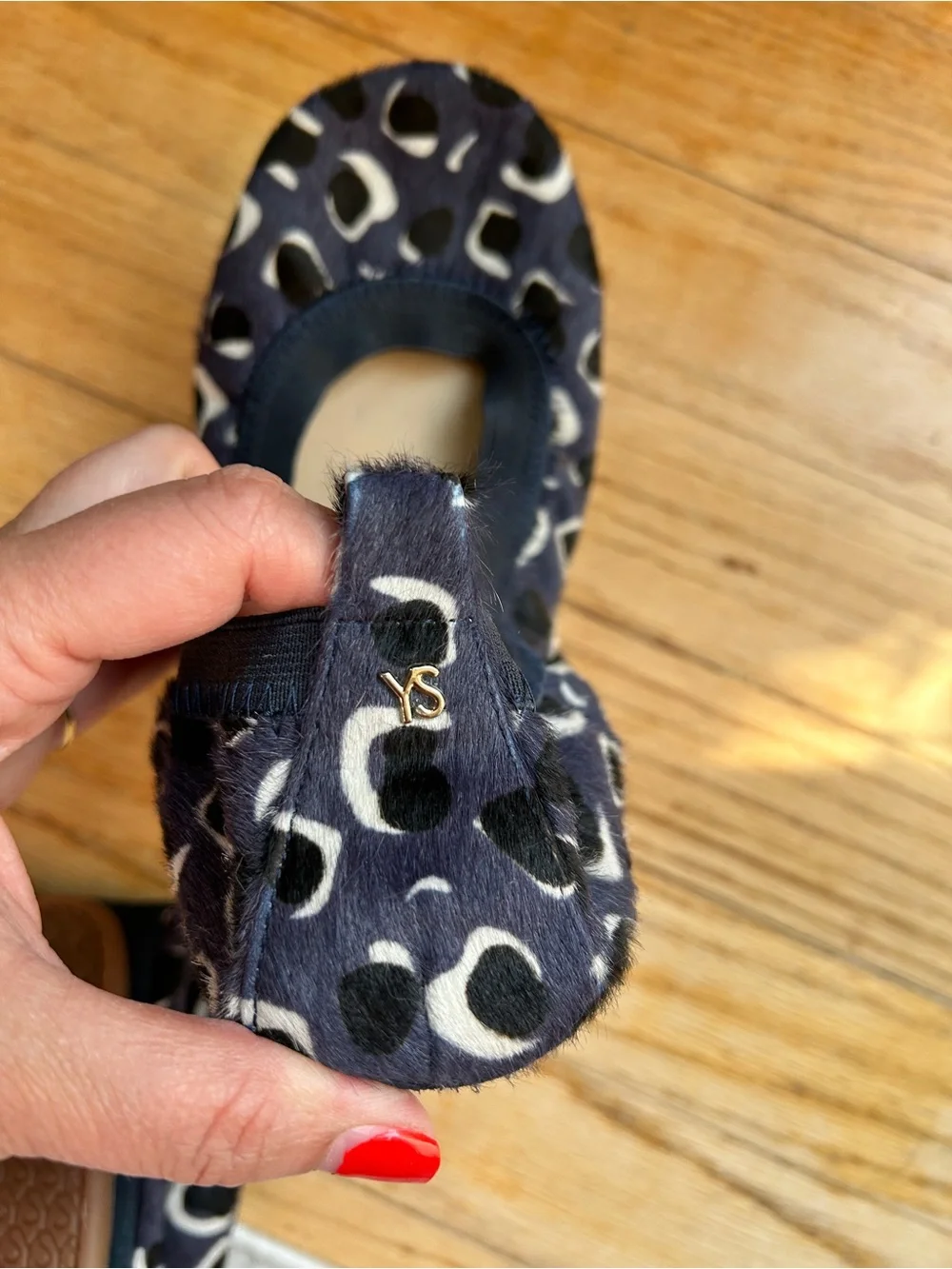 Yosi Samra Blue, Black, and White Leopard-Print Foldable Calf Hair Ballet Flats